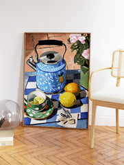 Tea Party Wall Art print showing a blue kettle, green teacup with lemon slices, whole lemons, and pink flowers on a checkered table. - Image 2