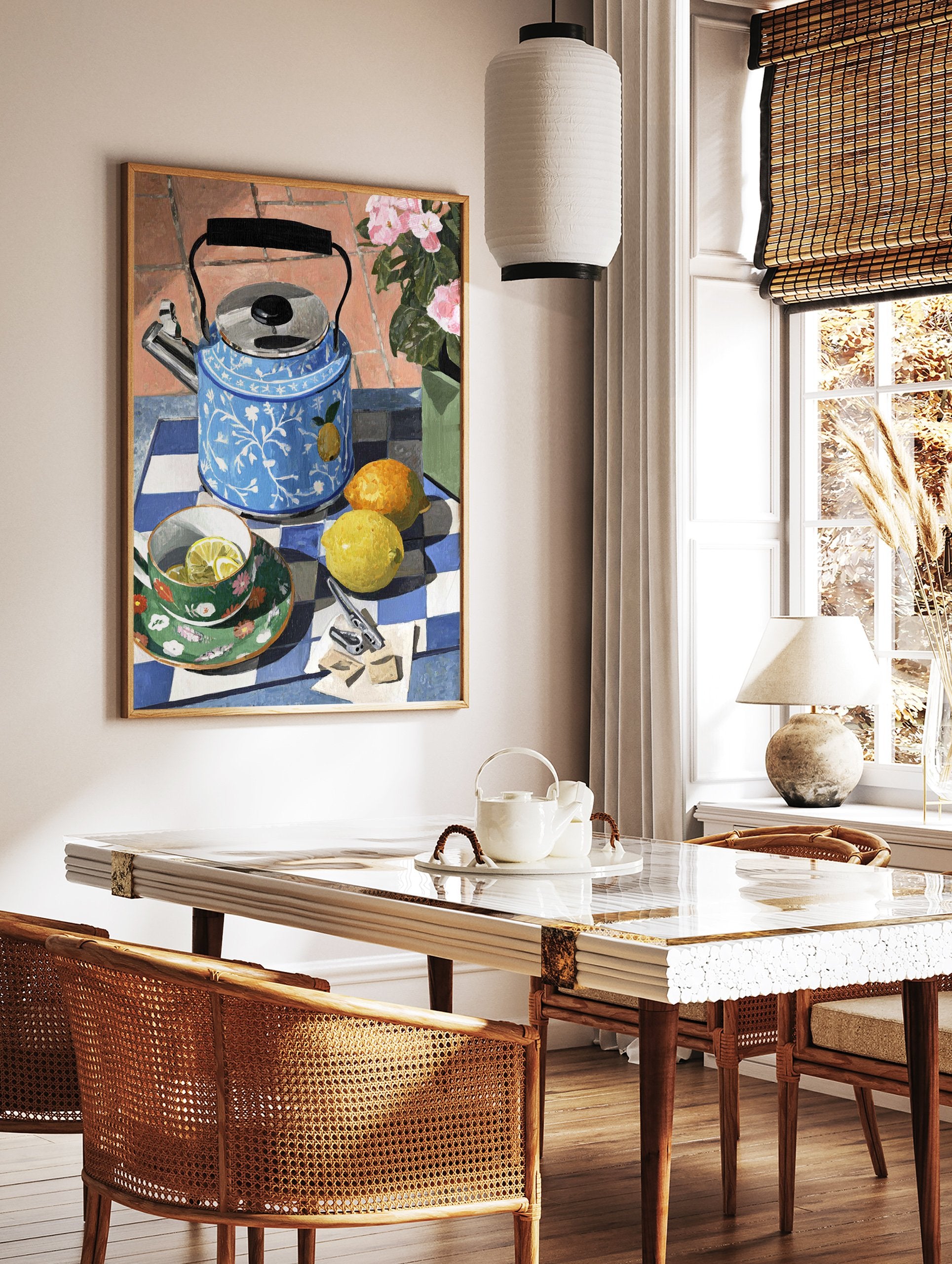 Tea Party Wall Art print showing a blue kettle, green teacup with lemon slices, whole lemons, and pink flowers on a checkered table. - Image 3