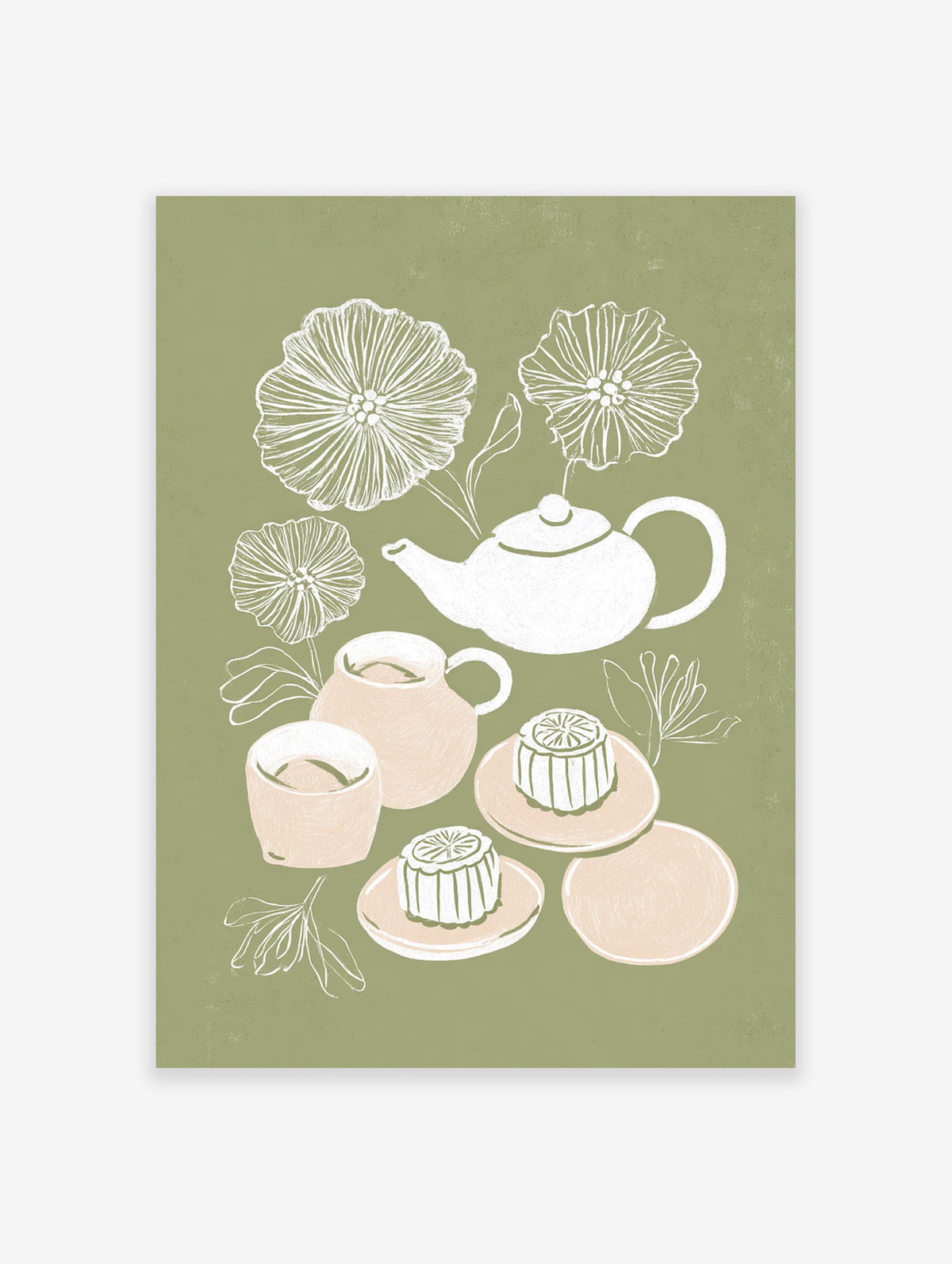 Illustration of a white tea set, peach tea cups, and mooncakes with white flowers on a sage green background. Tea Set & Mooncake Art.