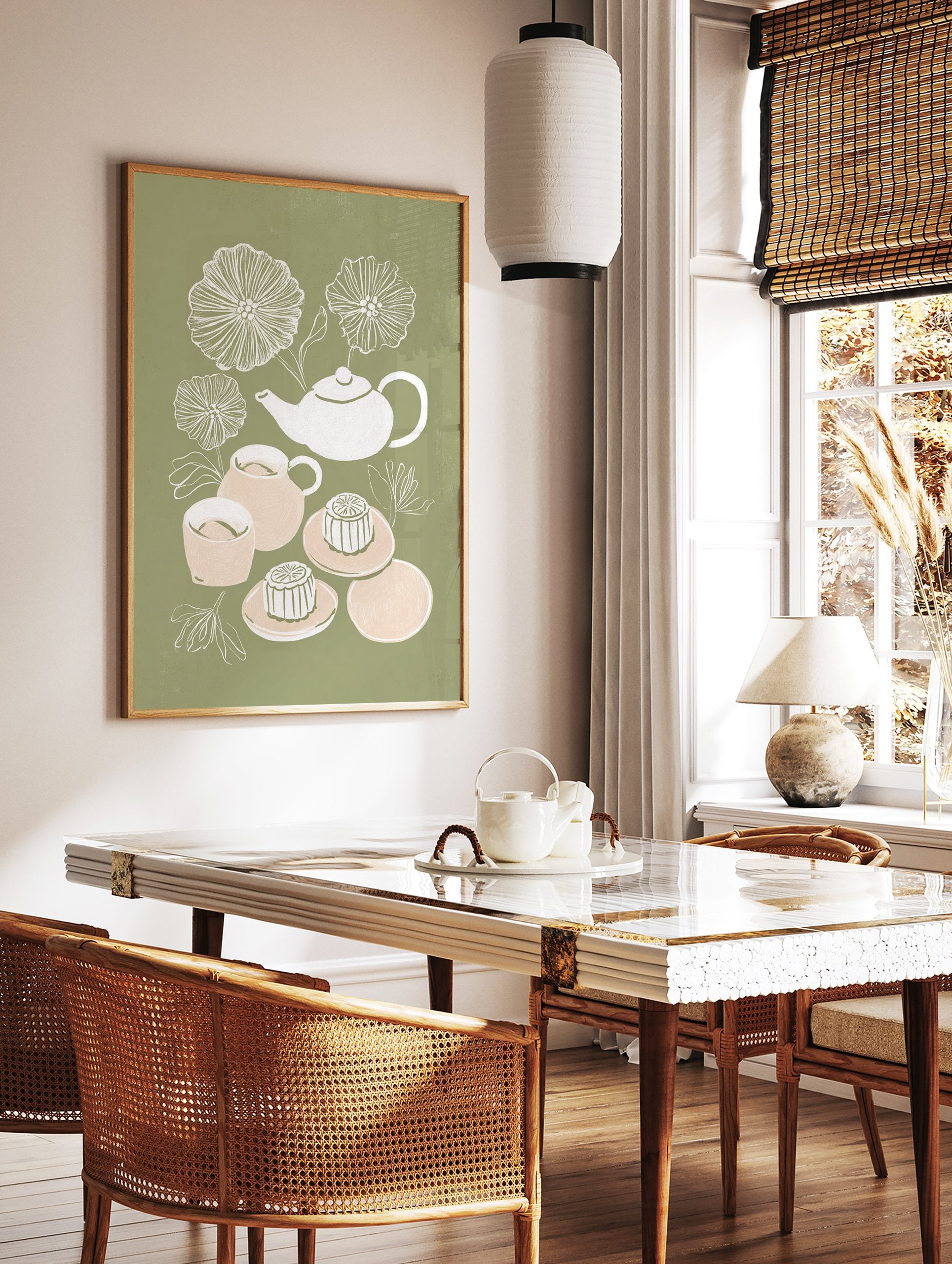 Illustration of a white tea set, peach tea cups, and mooncakes with white flowers on a sage green background. Tea Set & Mooncake Art. - Image 3