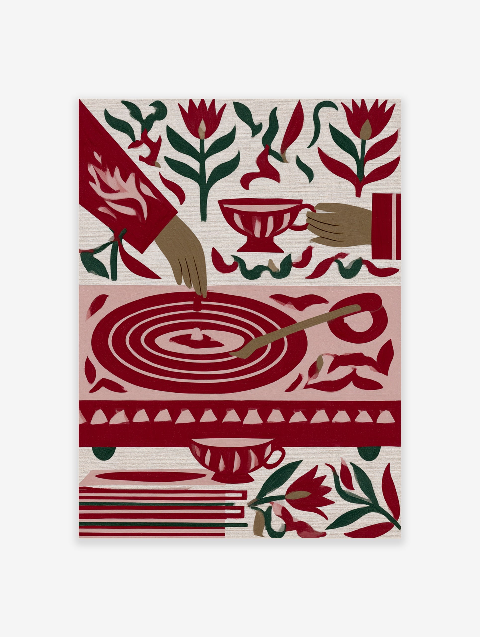 Illustrative tea time art print with red tulips, teacups, and a circular table motif on a cream background