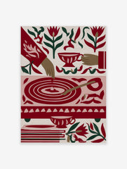 Illustrative tea time art print with red tulips, teacups, and a circular table motif on a cream background