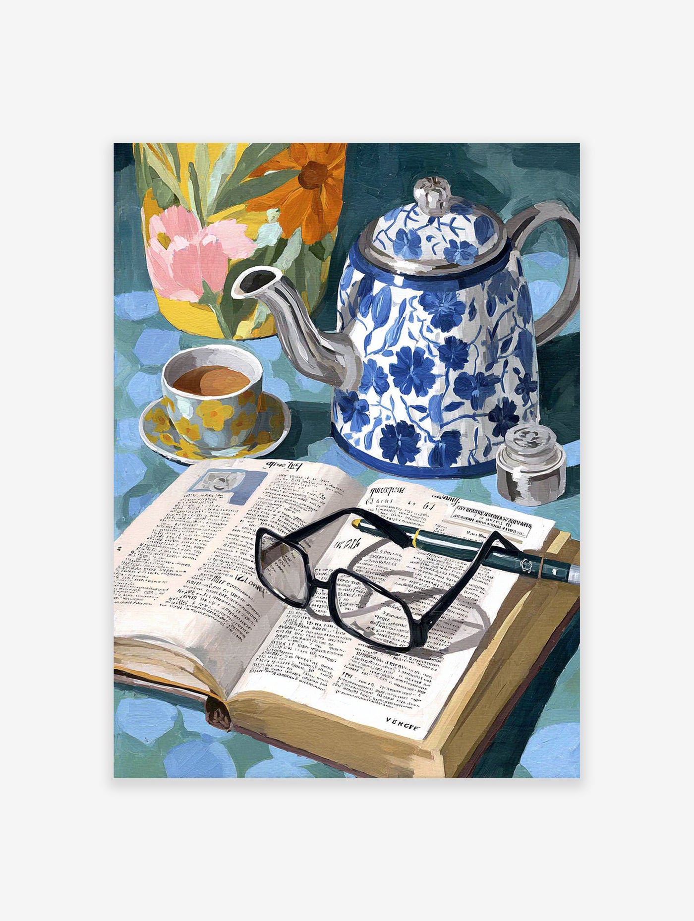 Still life painting with blue floral teapot, teacup, open book with glasses, and a vibrant floral vase.