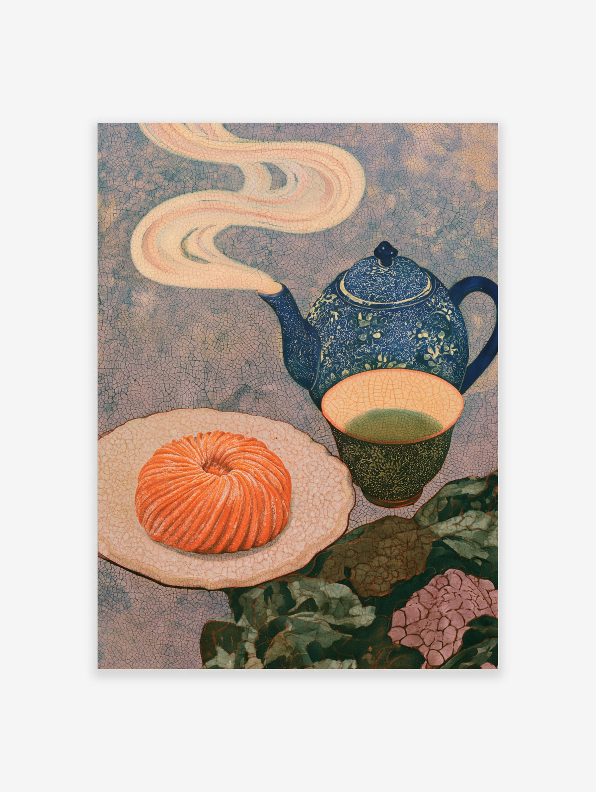 Still life art print with a blue teapot, green tea, and a swirled orange pastry on a textured crackled background