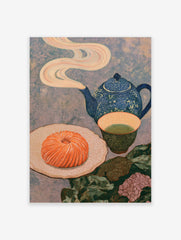 Still life art print with a blue teapot, green tea, and a swirled orange pastry on a textured crackled background