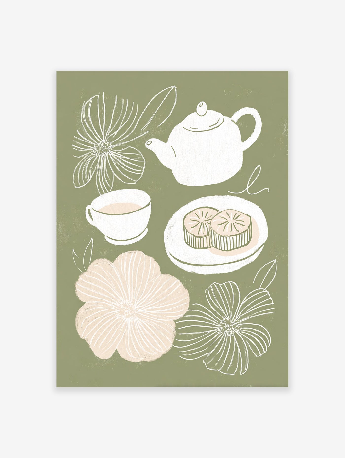 Sage green tea time wall art illustration with a white teapot, teacup, two mooncakes, and white and light pink flowers.