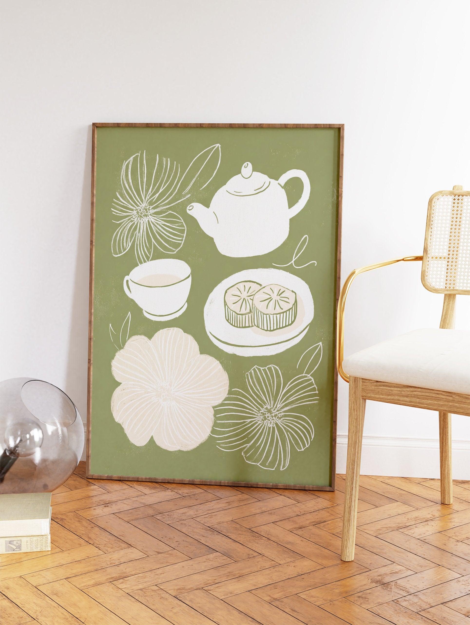 Sage green tea time wall art illustration with a white teapot, teacup, two mooncakes, and white and light pink flowers. - Image 2