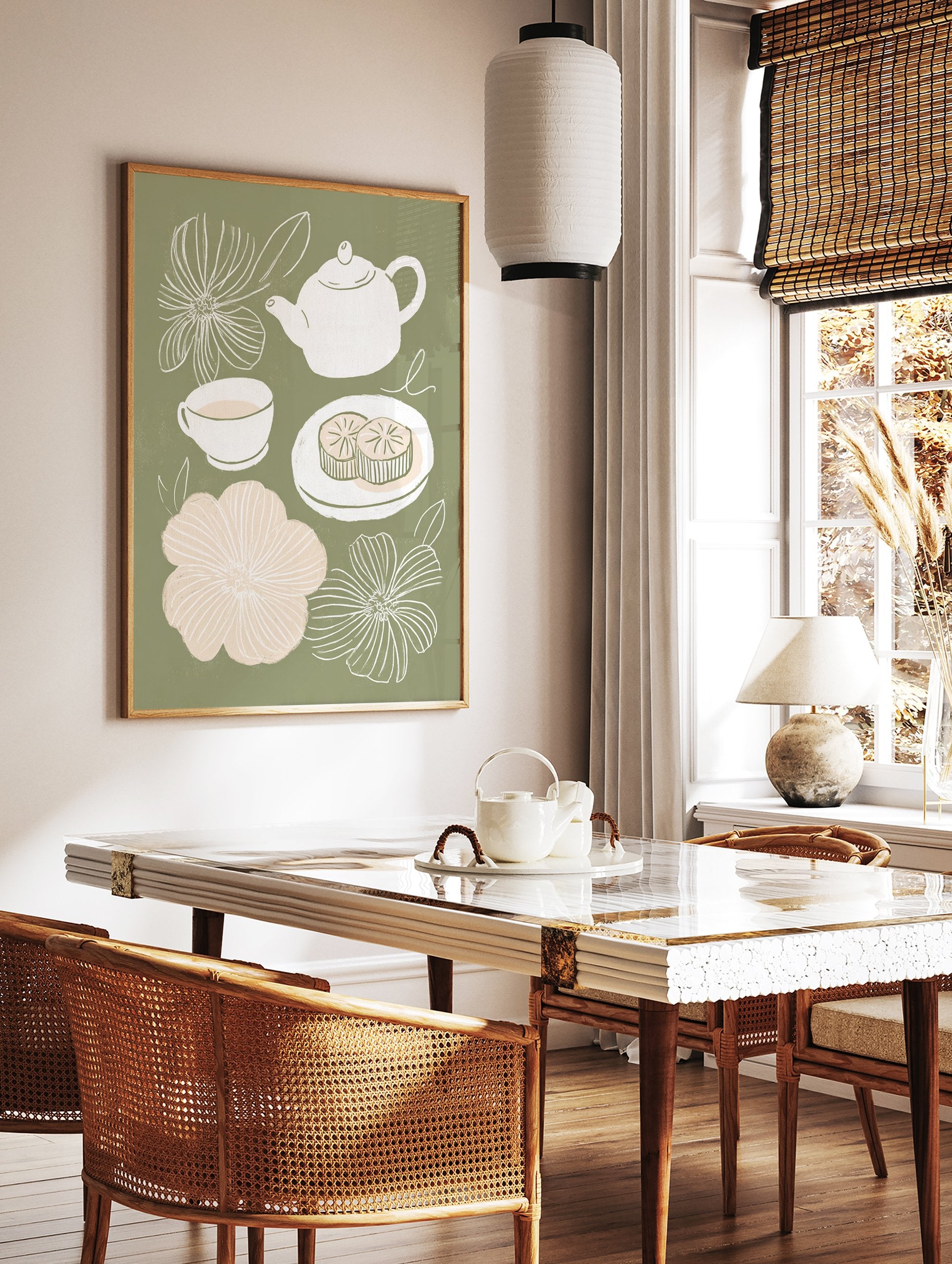 Sage green tea time wall art illustration with a white teapot, teacup, two mooncakes, and white and light pink flowers. - Image 3