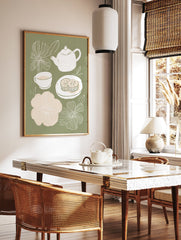 Sage green tea time wall art illustration with a white teapot, teacup, two mooncakes, and white and light pink flowers. - Image 3