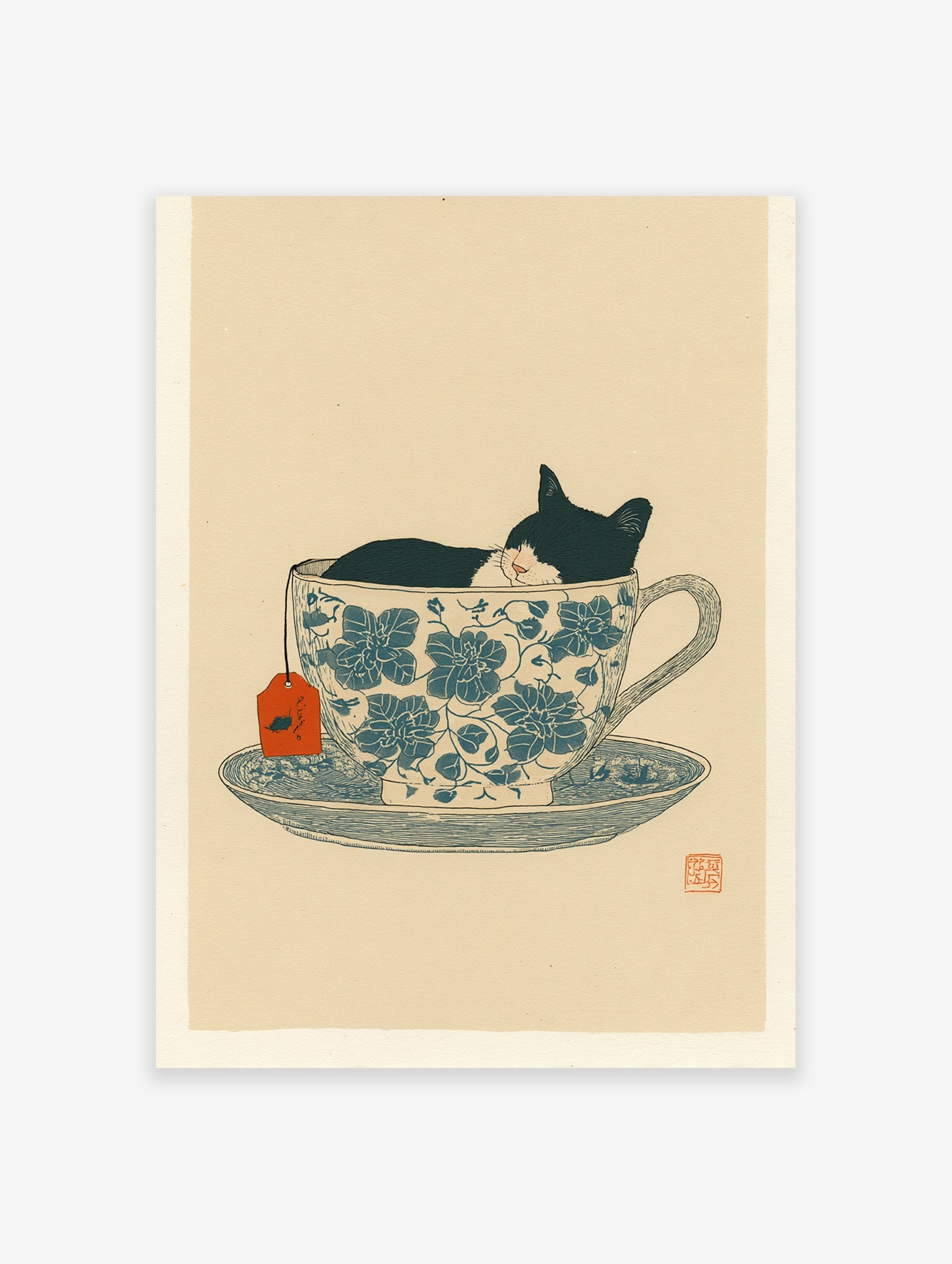 Black and white cat sleeping in a blue floral teacup with an orange tea tag, whimsical illustration print.