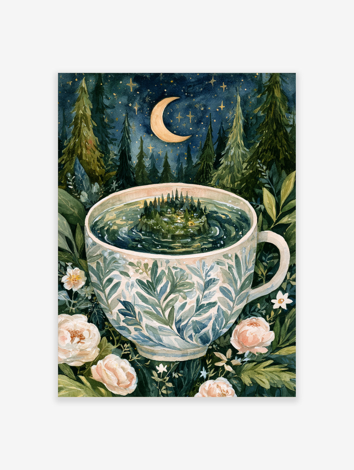 Illustration of a forest in a teacup surrounded by white flowers under a crescent moon and starry night sky