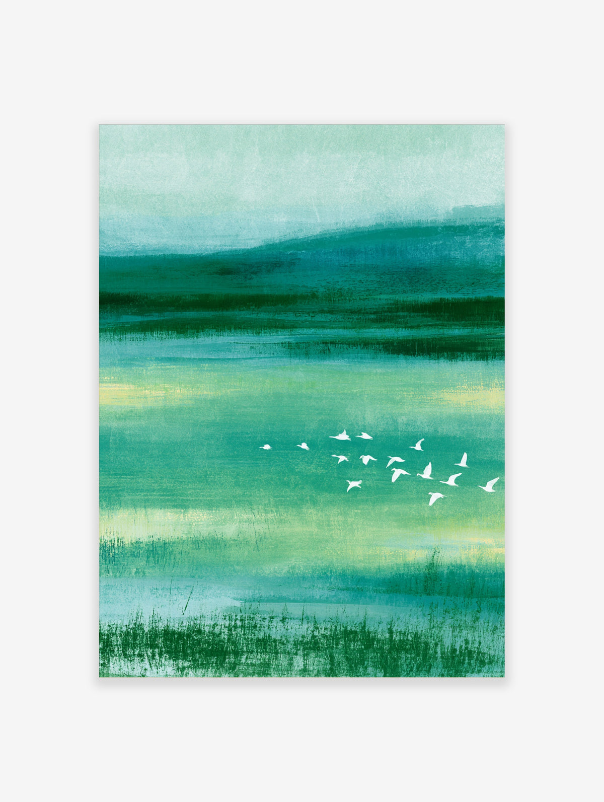 Teal abstract landscape art print with white birds flying over green and blue horizontal colour bands