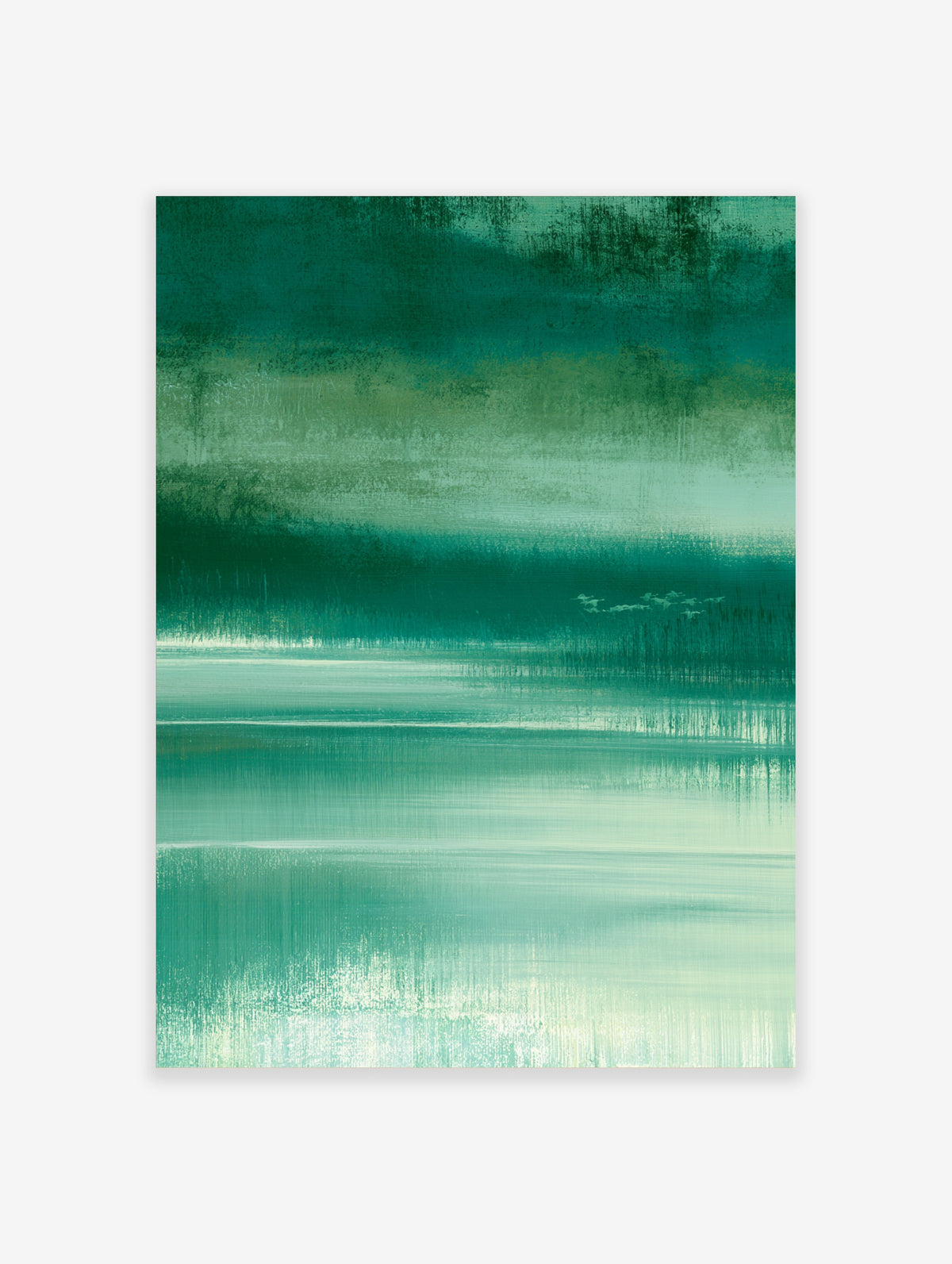Teal abstract landscape art print with horizontal brushstrokes and flying birds