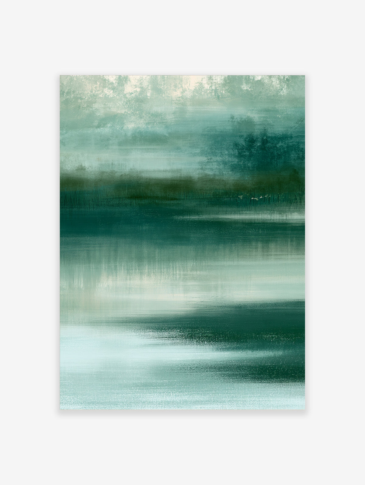 Teal abstract landscape print of a misty lake with distant trees and flying birds
