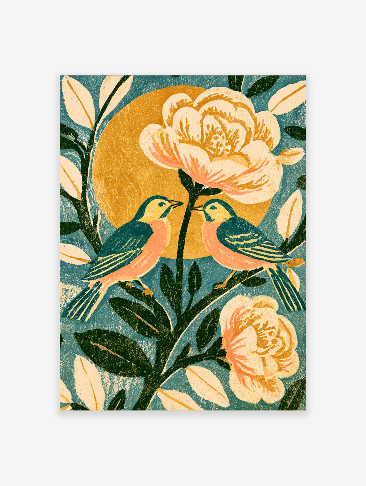 Teal and pink birds on a branch with cream roses and a golden sun disc, blue background art print