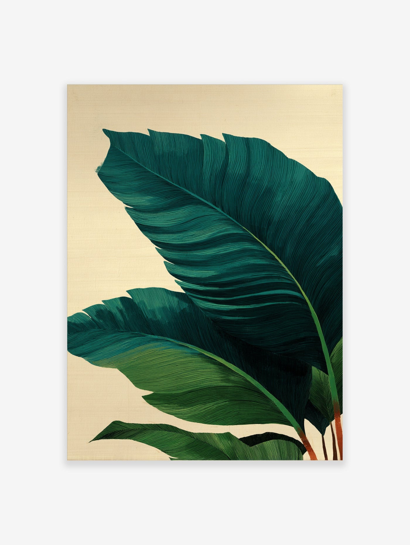 Teal banana leaf with fine line details on beige background, botanical illustration art print