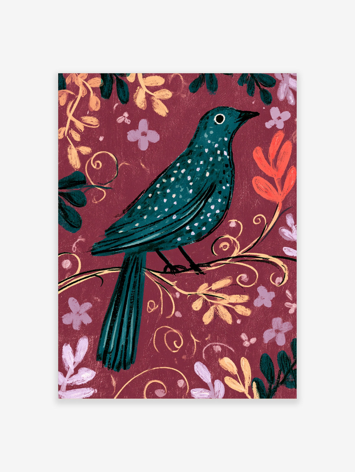 Teal bird with white spots perched on a gold branch, pink flowers and dark leaves on a burgundy background