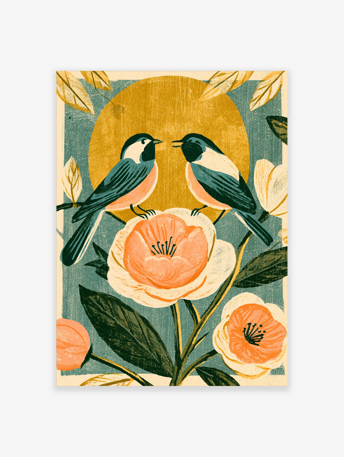 Teal and peach birds facing each other above an orange blossom on a mustard circle and teal background