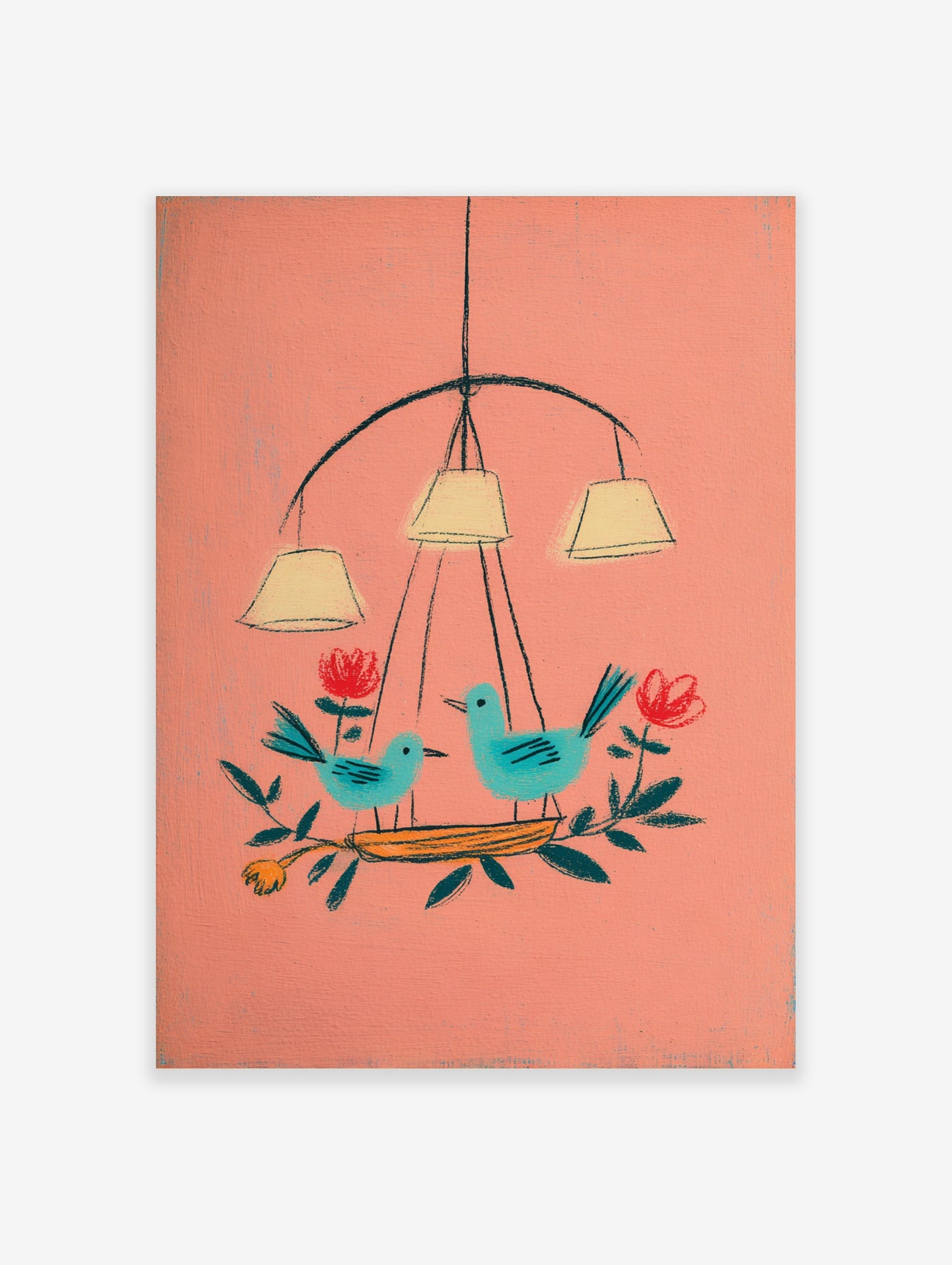 Two teal birds on a branch with red flowers and hanging lamps, pink background, illustrated art print
