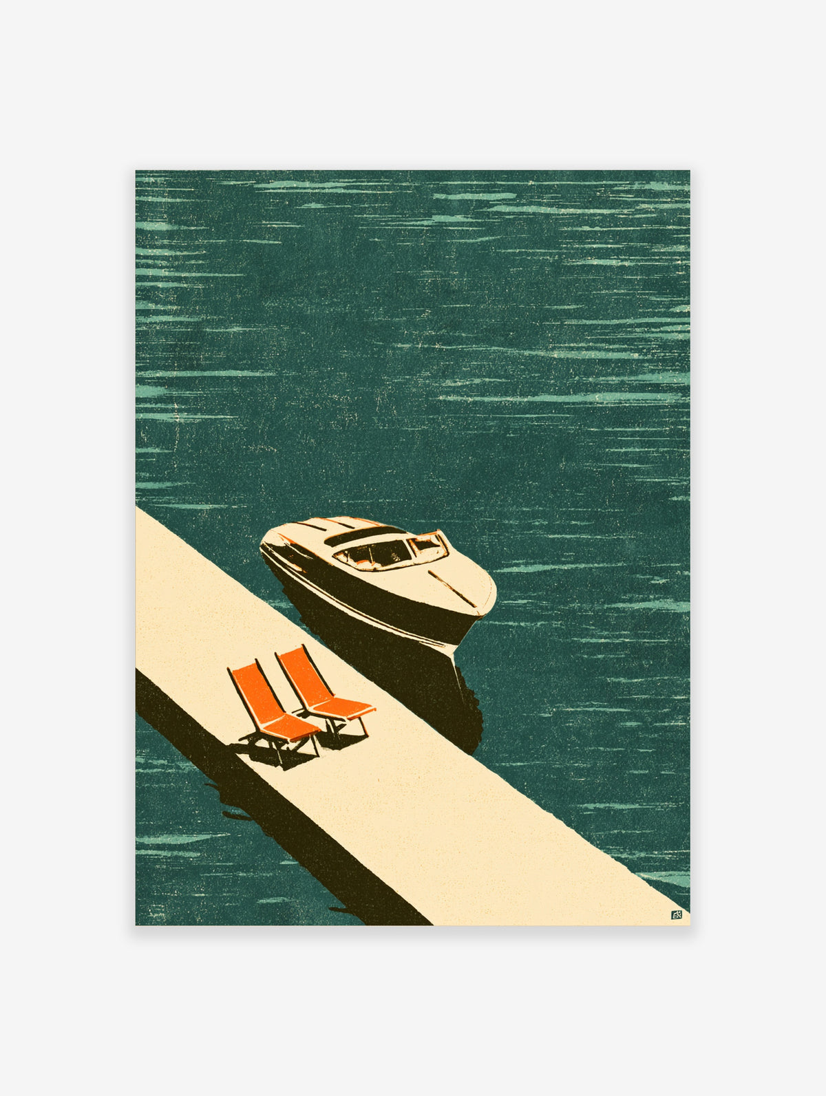 Teal boat dock art print with white cruiser, cream pier, and two orange deck chairs on dark water