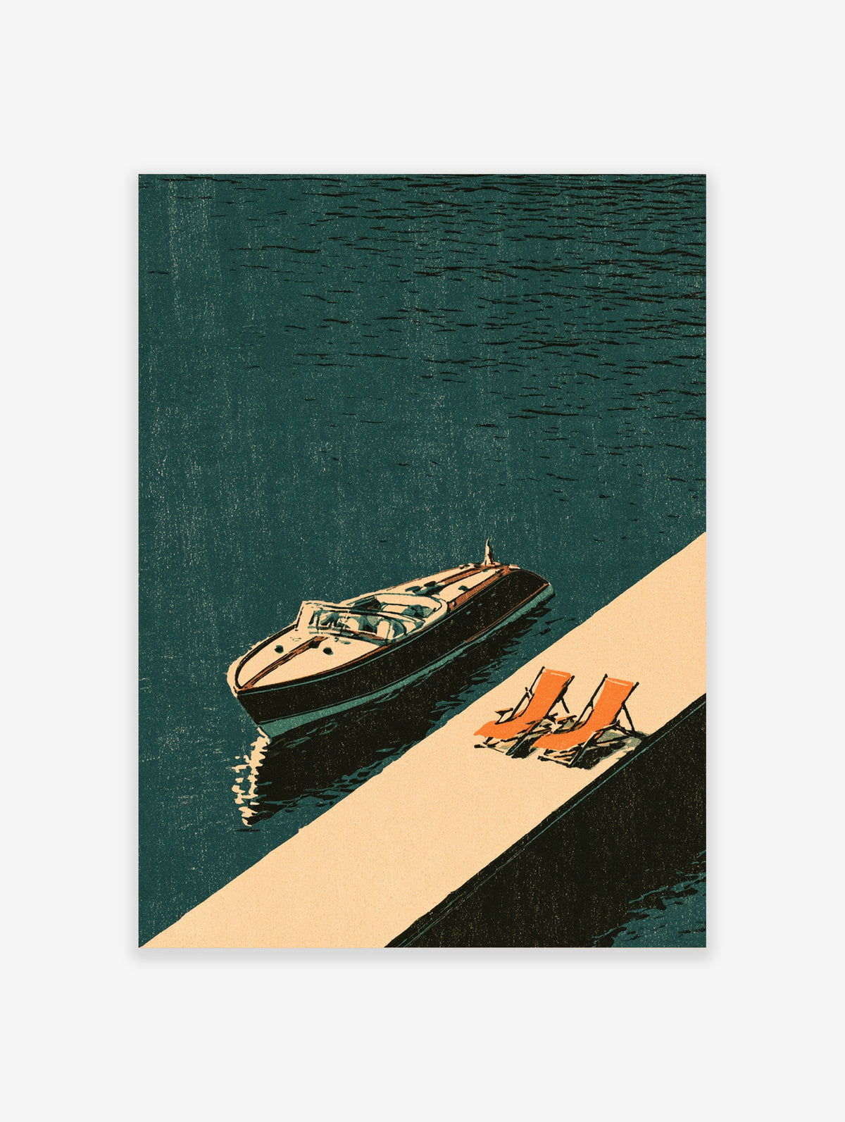 Teal boat poster with wooden cruiser at cream pier and two orange deck chairs on dark green water