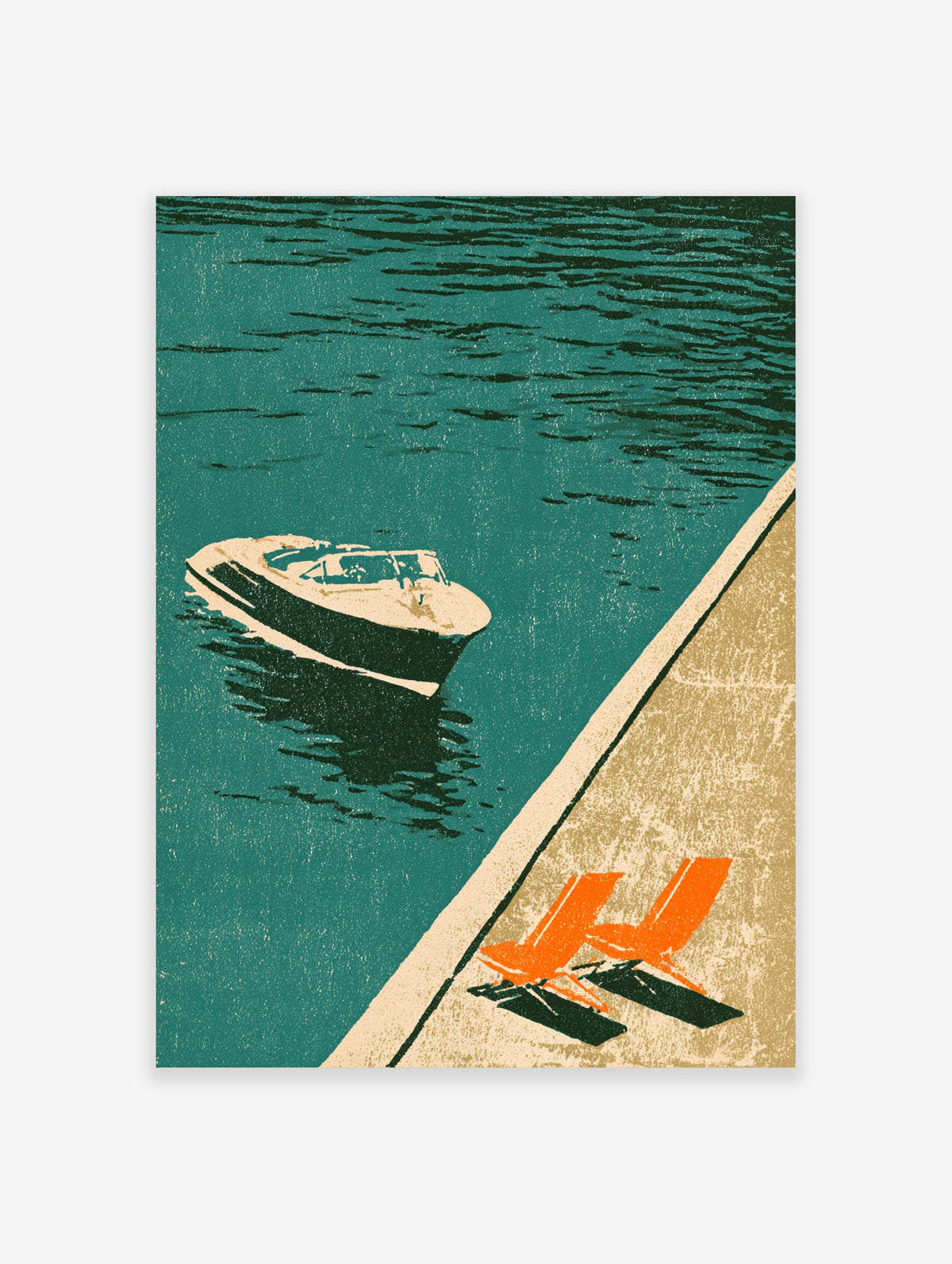 Teal boat art print showing a white motorboat on rippled water beside a pier with two orange chairs