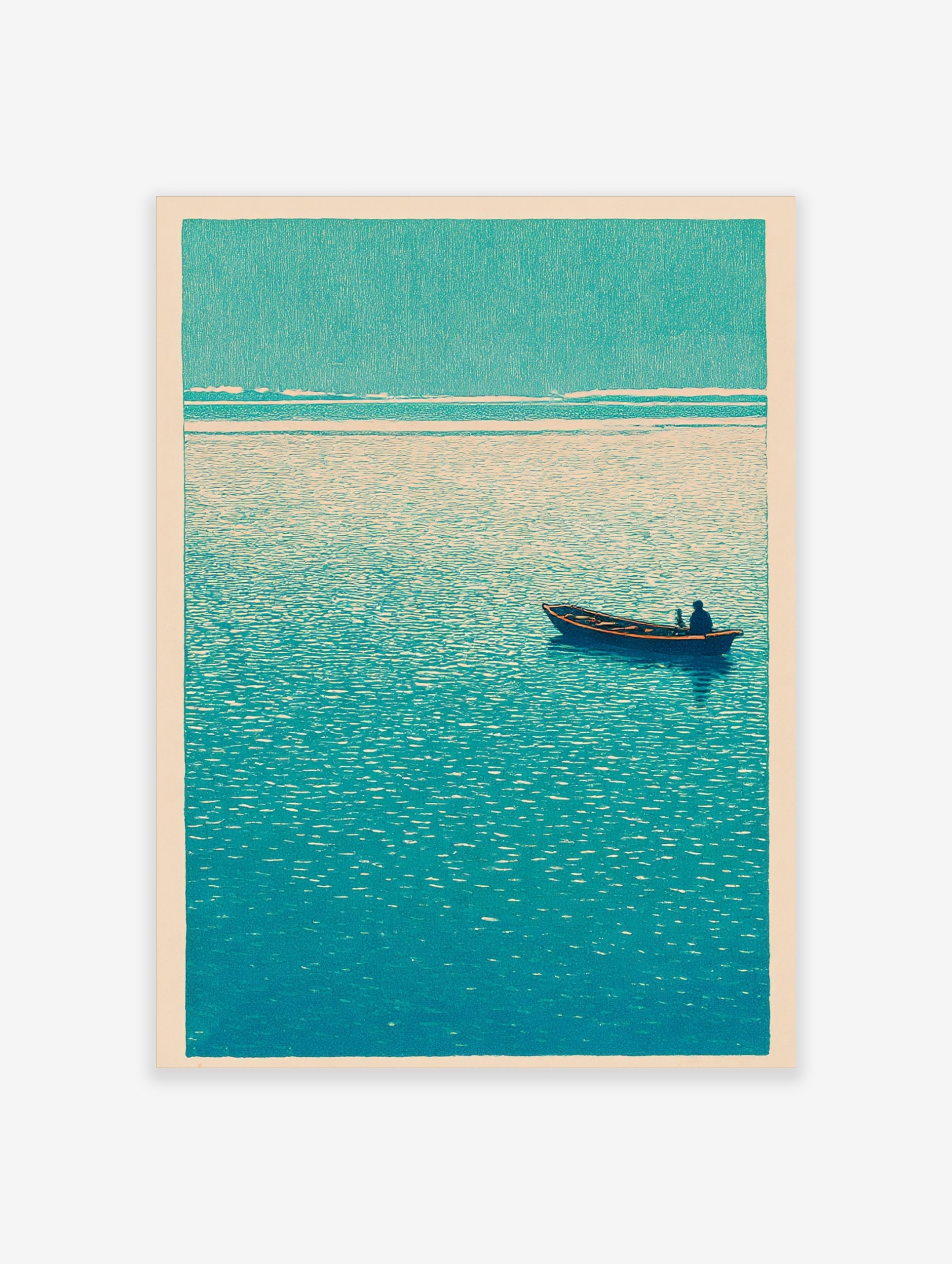 Minimalist teal boat print with a single figure on calm, textured water under a light sky