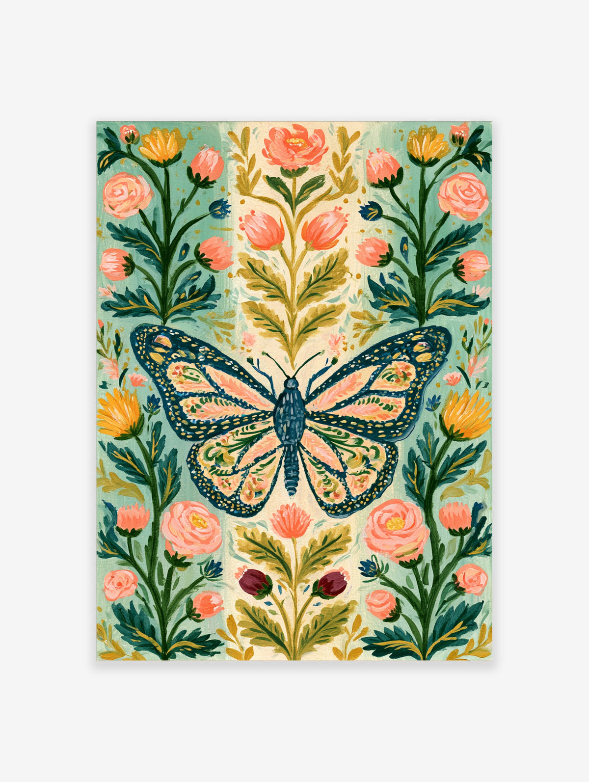 Teal butterfly with pink and green patterned wings centred among pink roses and blue flowers on a cream background