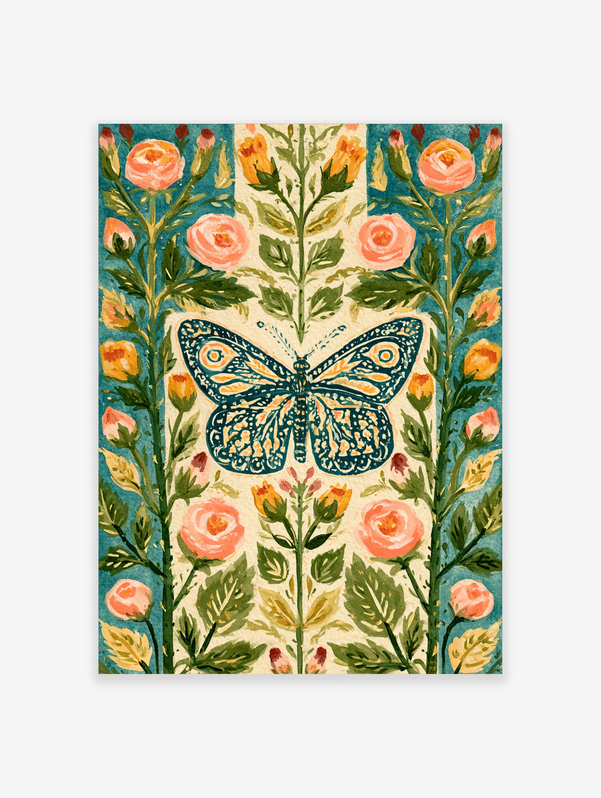 Teal butterfly and pink rose botanical illustration art print on cream and blue background