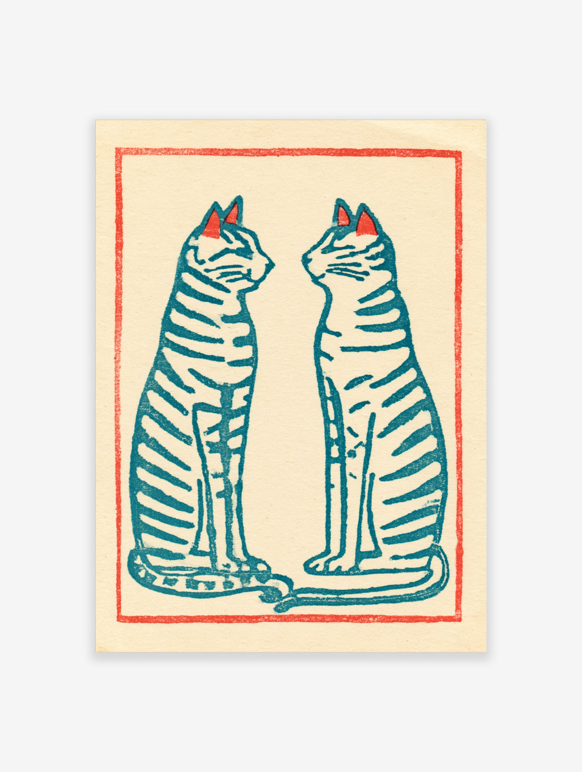 Teal striped cat poster with two seated cats facing each other, red ears, and a red border on cream paper