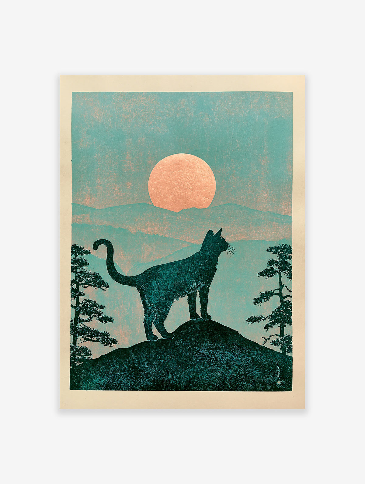 Teal cat silhouette on a hill under a peach sun with mountains and pine trees
