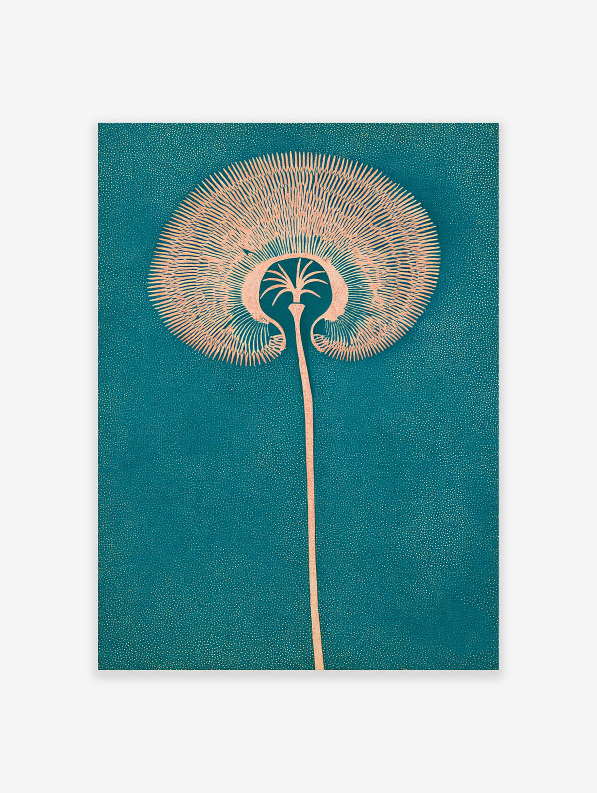 Teal dandelion seed head poster with pale peach filaments and dotted background