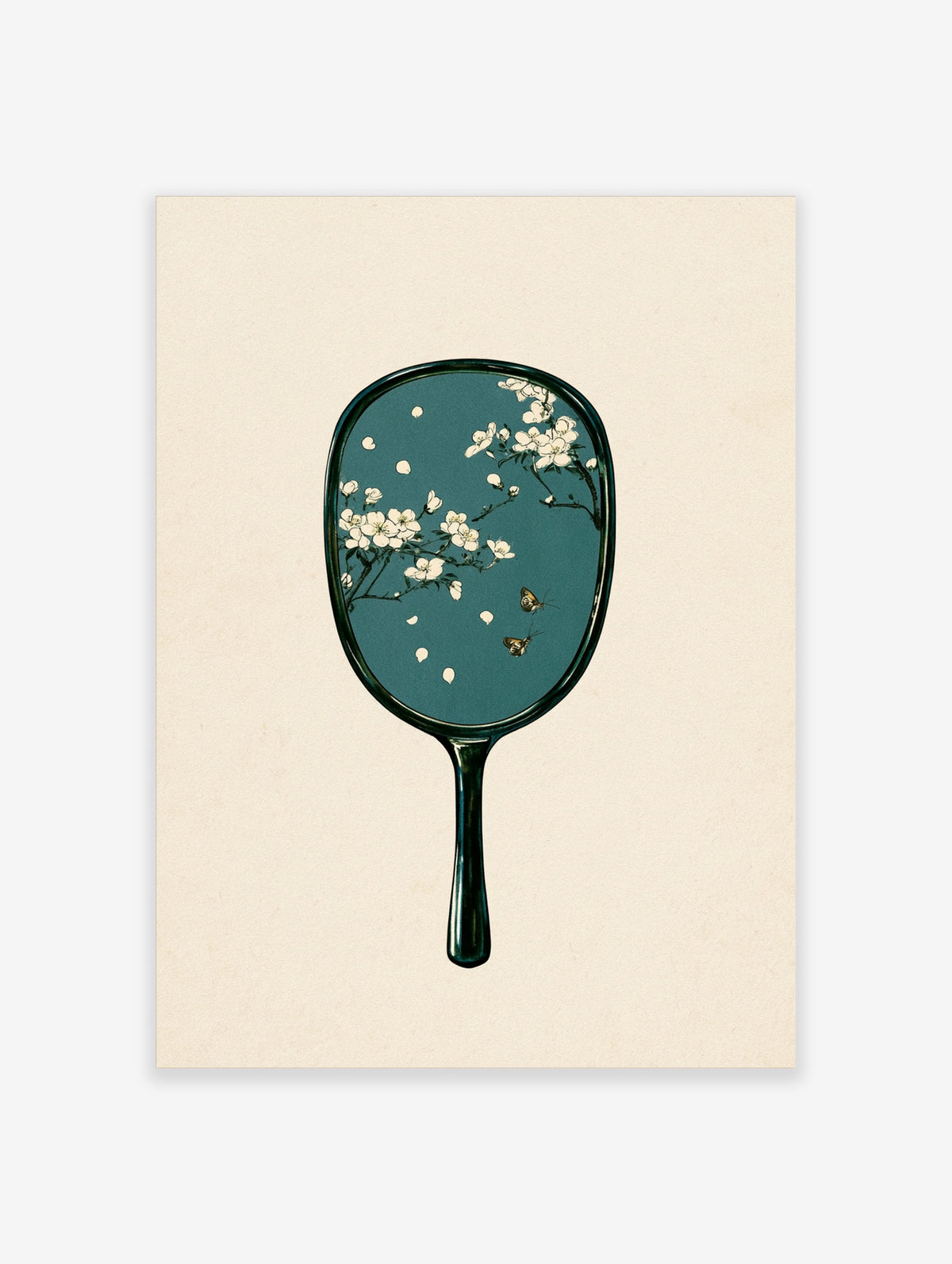 Teal hand mirror poster with white cherry blossom branch and two butterflies on dark teal background