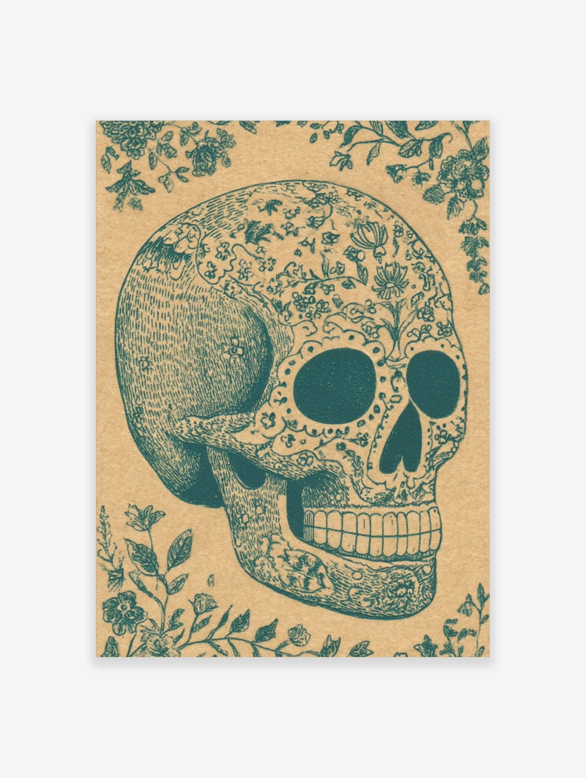 Teal ornate sugar skull illustration with floral patterns and decorative vines on a tan paper background