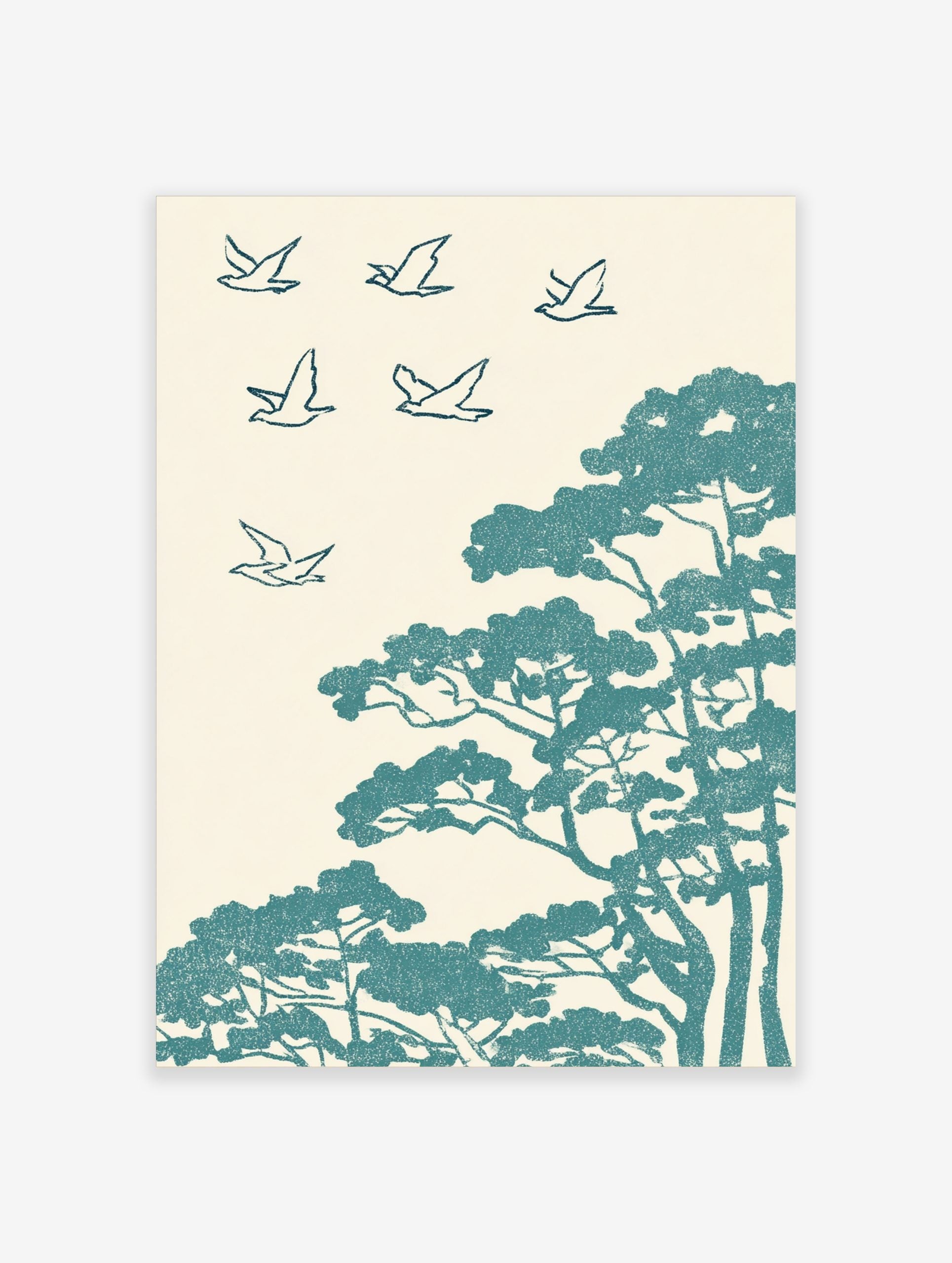 Teal stylised birds flying above pine trees in an illustrative, textured Japanese art print