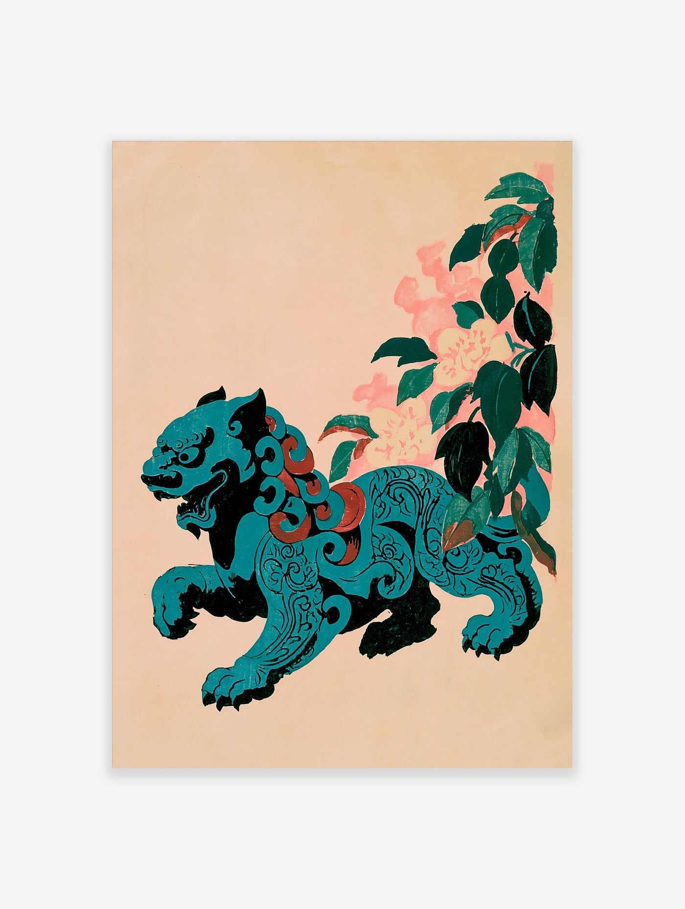 Teal foo dog with red swirls and pink peony flowers, oriental guardian lion illustration on cream background