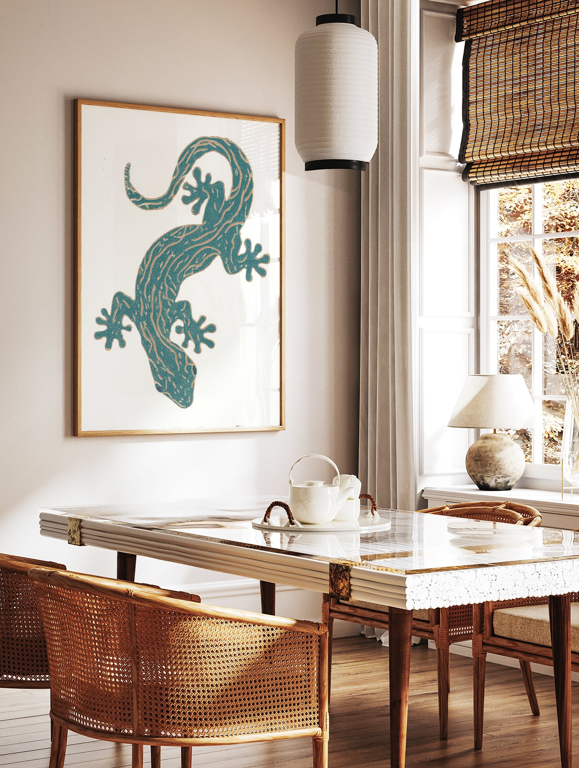 Teal gecko illustration wall art print with golden patterns on a white background, featuring a stylized reptile. - Image 2