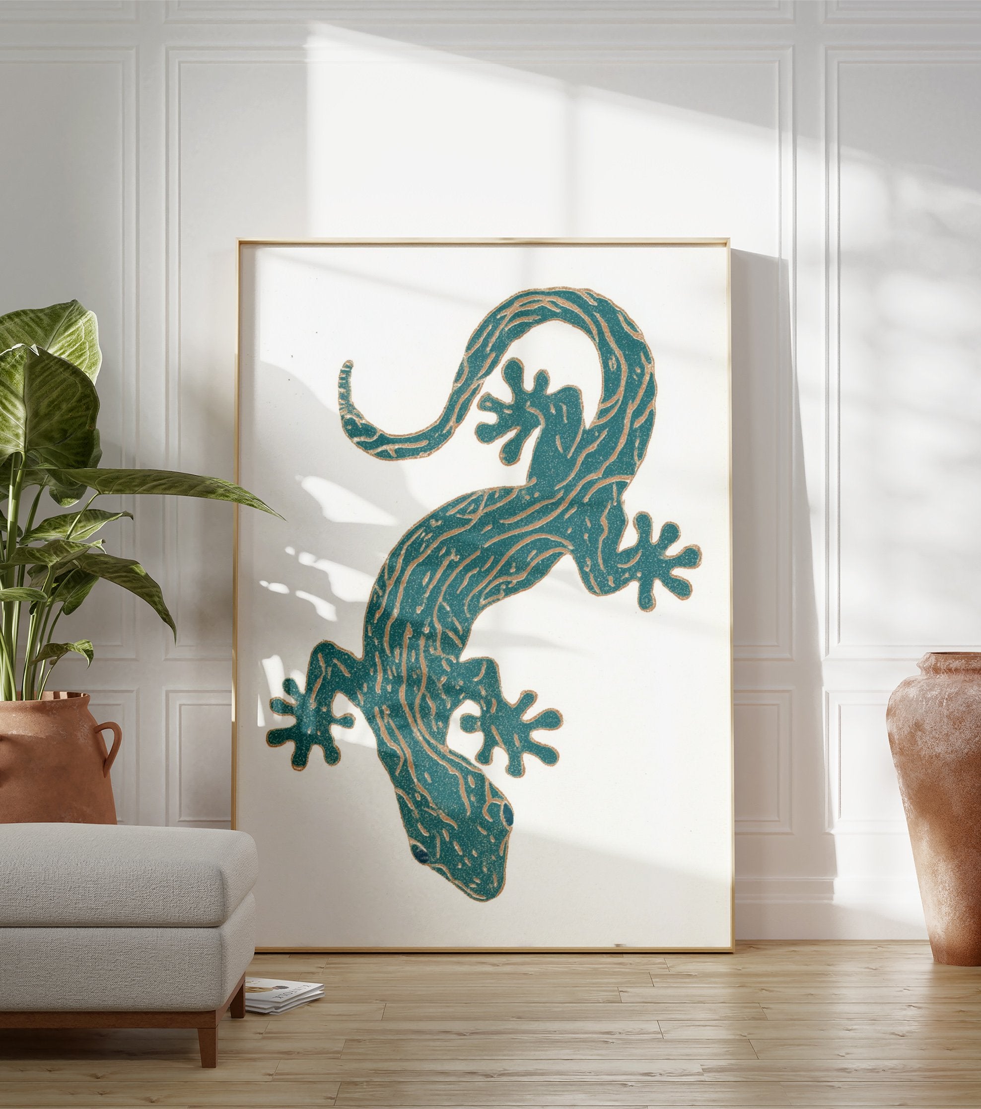Teal gecko illustration wall art print with golden patterns on a white background, featuring a stylized reptile. - Image 3
