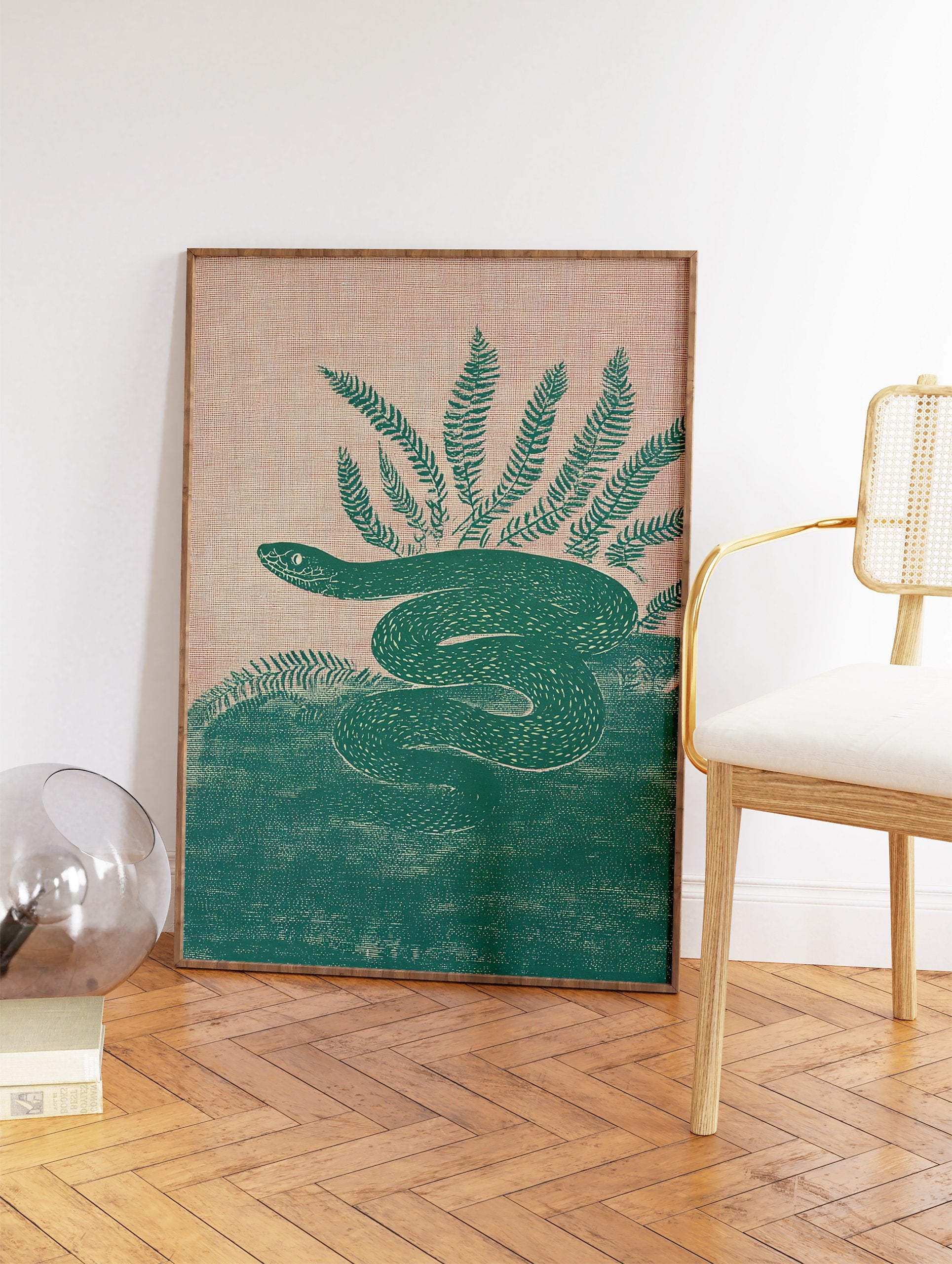 Illustrative teal green snake coiled among ferns on a textured beige background. Botanical snake wall art print. - Image 2
