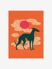 Teal greyhound silhouette against an orange background with a pink sun and stylised white clouds, illustrative art print