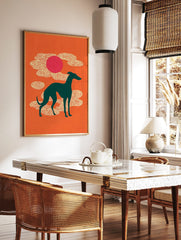 Teal greyhound silhouette against an orange background with a pink sun and stylised white clouds, in a styled room mockup