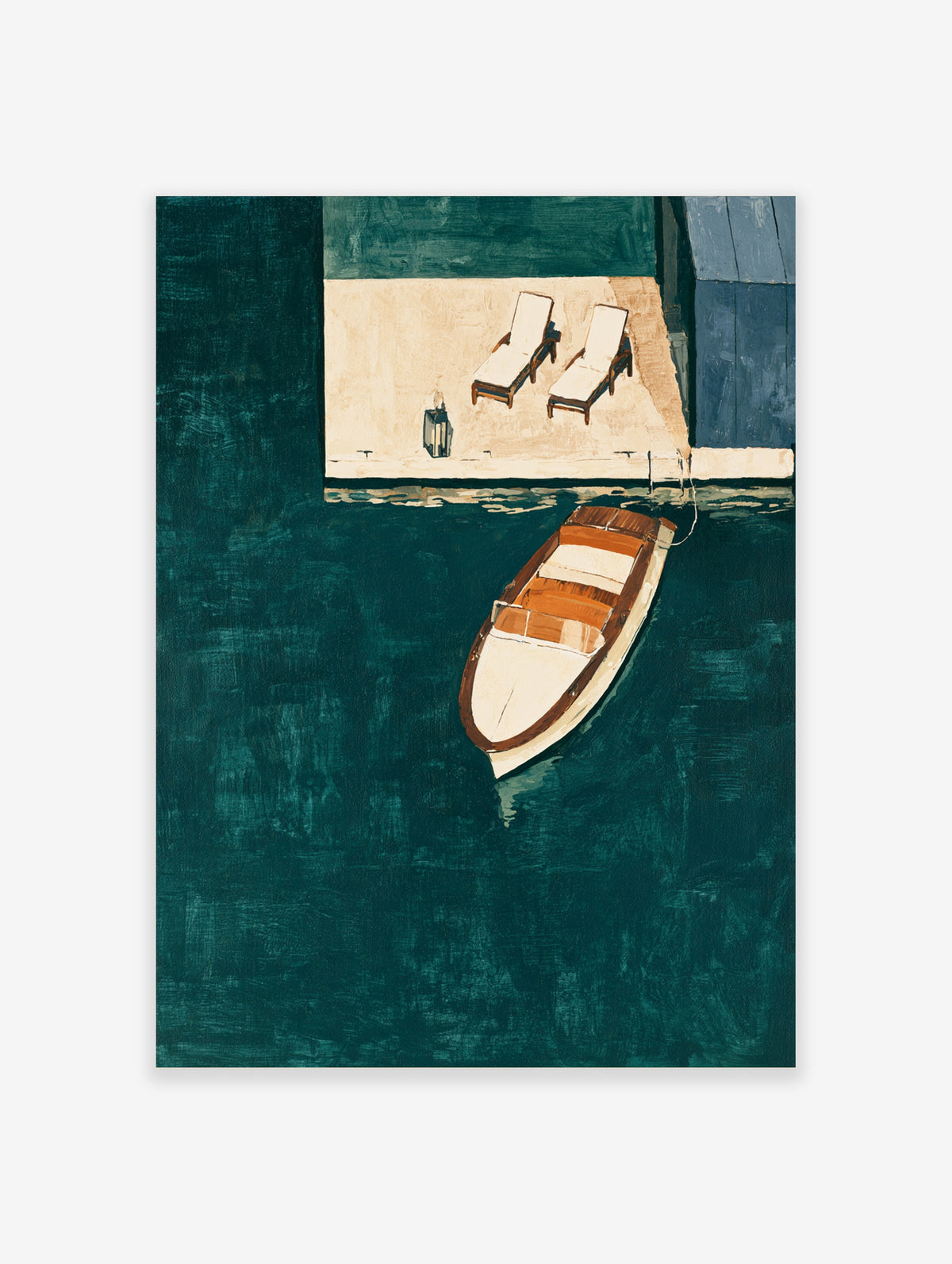 Teal harbour boat poster with wooden motorboat moored beside a quay with two loungers and a lantern