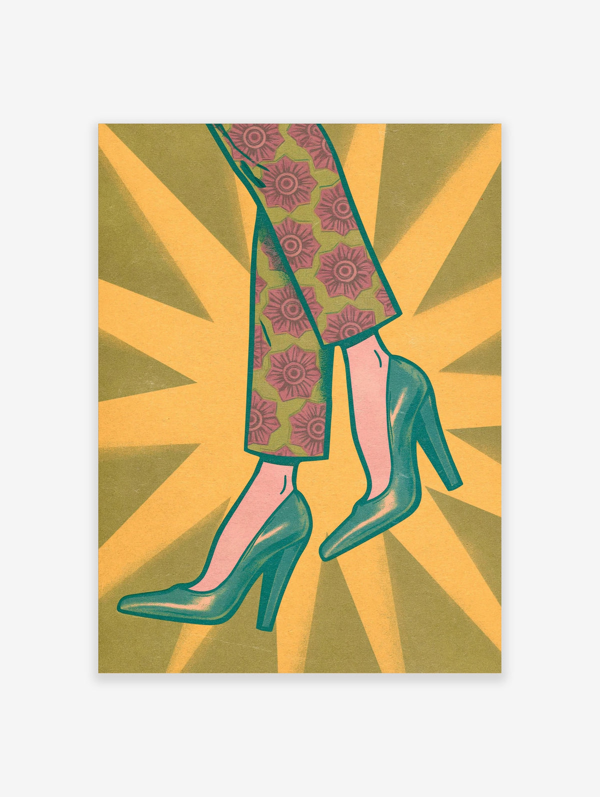 Retro fashion illustration of teal high heels and floral trousers on a yellow sunburst background