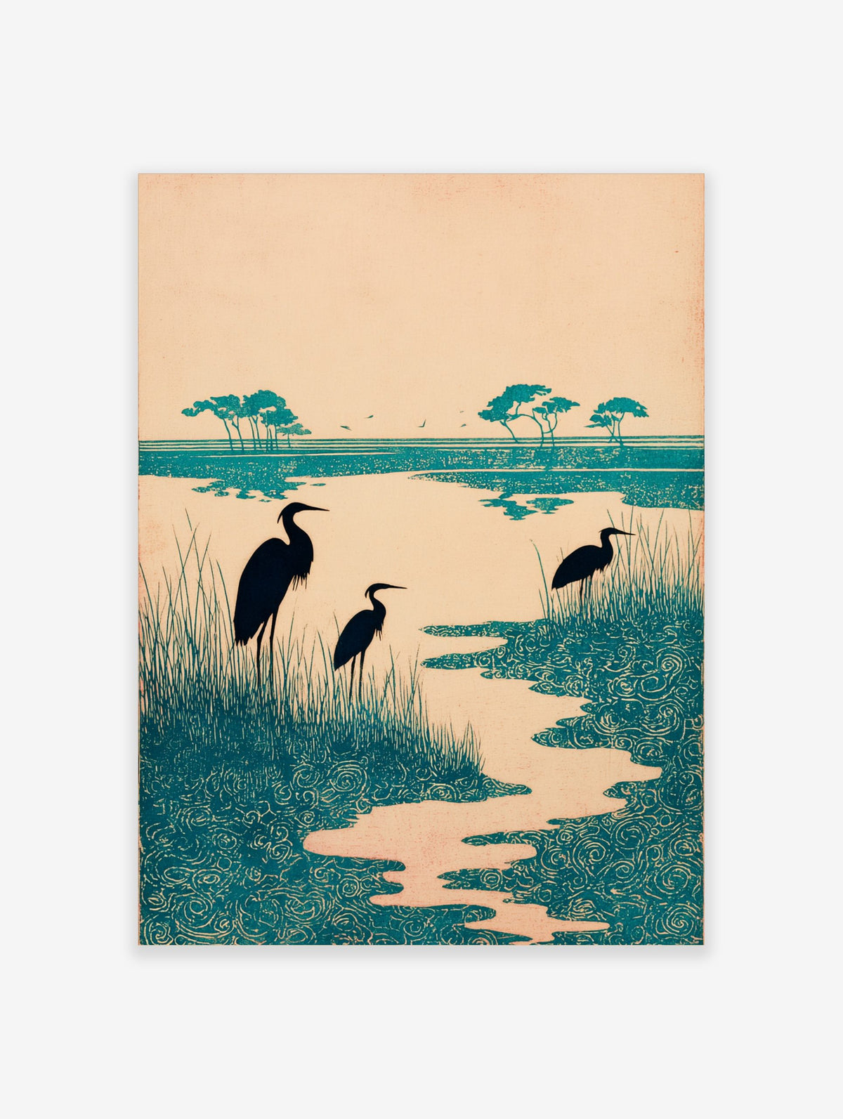 Teal heron wetland art print with three birds, tall grasses, and stylised swirling water patterns