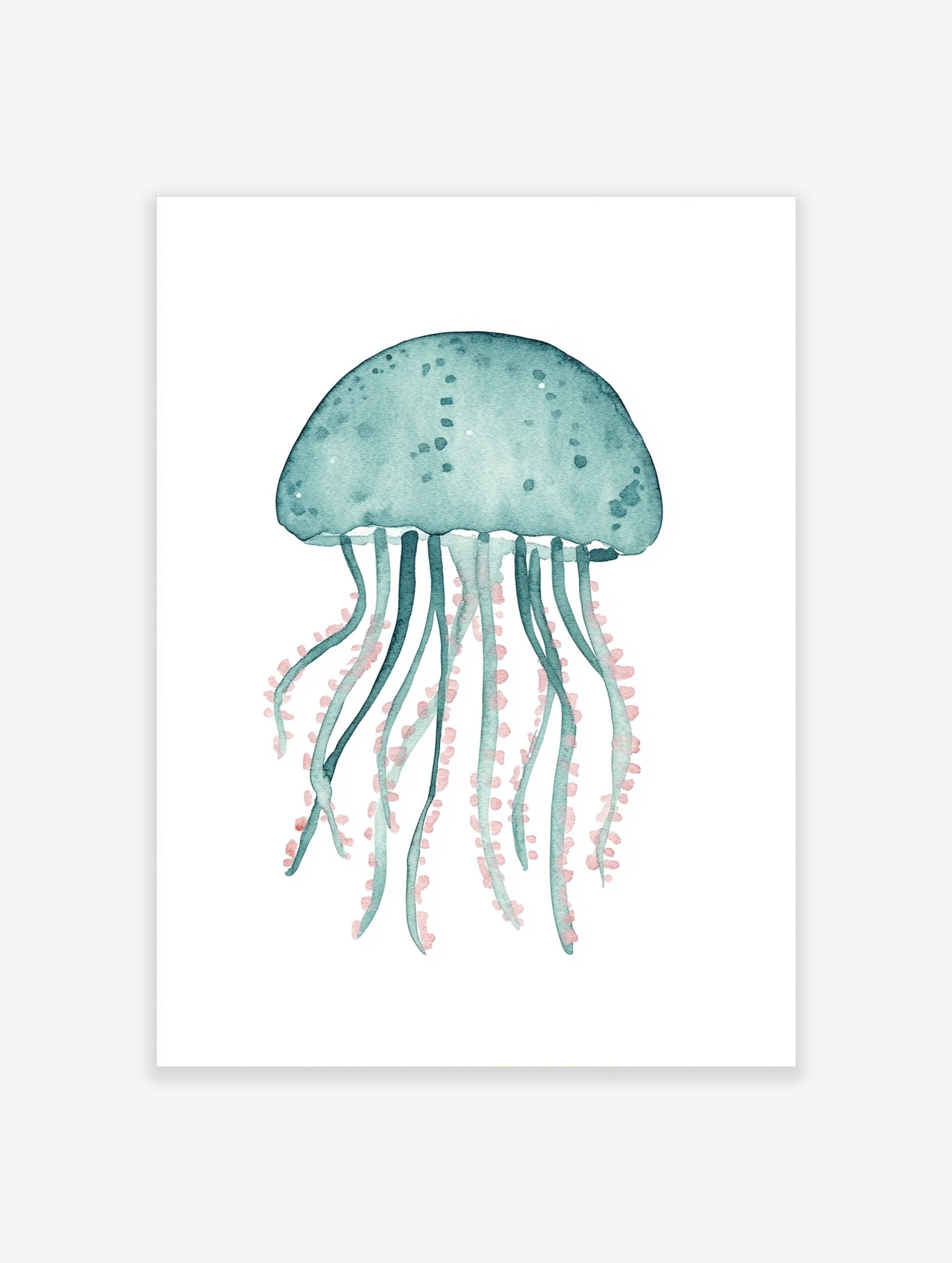 Teal watercolour jellyfish illustration art print with coral pink tentacles on a white background