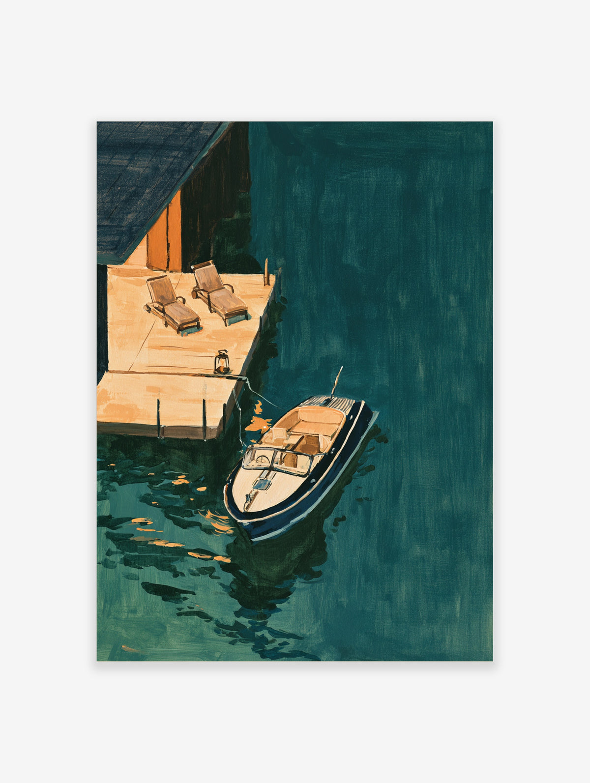 Teal lake boat art print with navy motorboat moored by a wooden deck and two loungers
