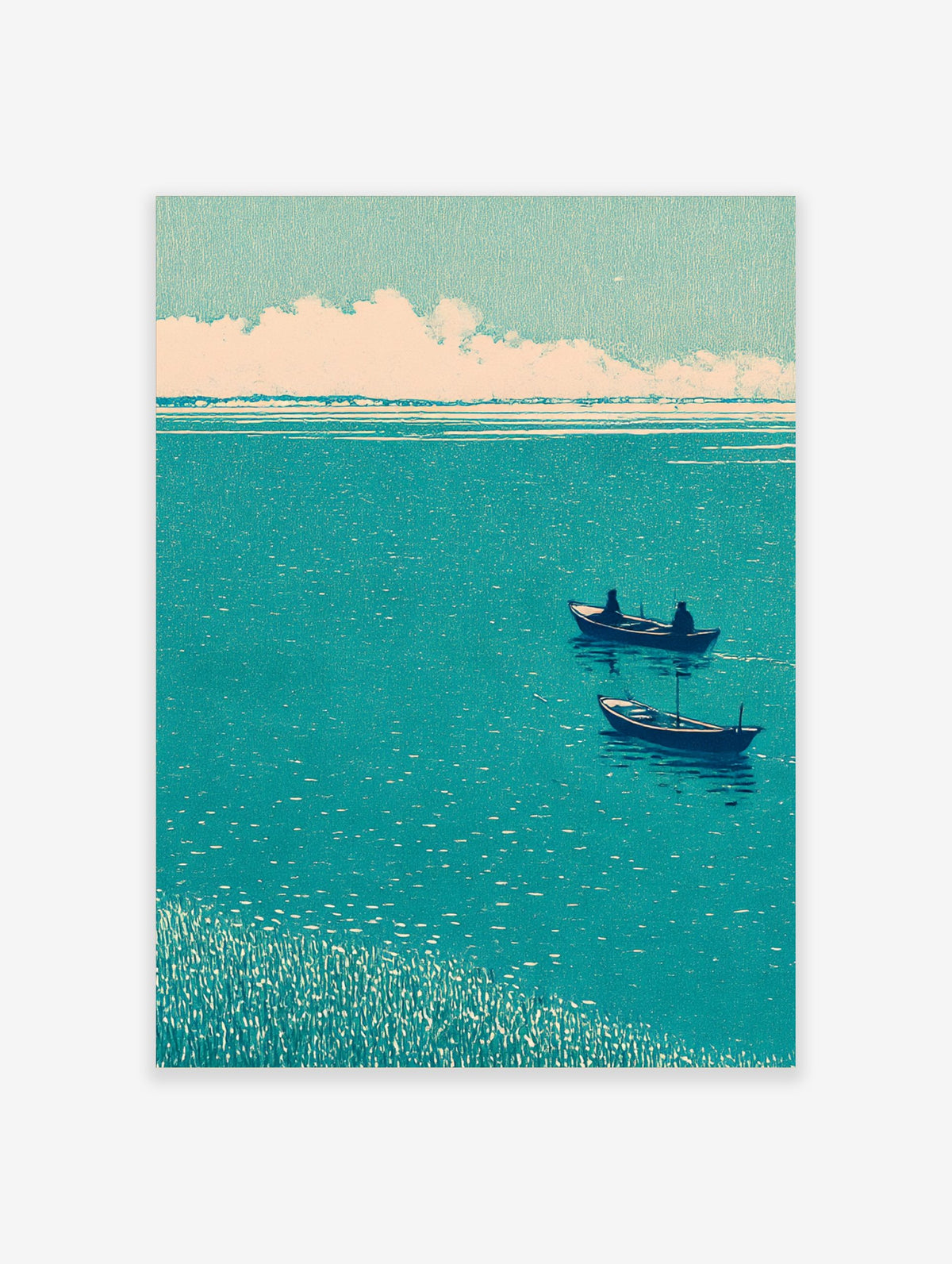 Japanese woodblock style art print of two boats on a teal lake with a reedy foreground and cloudy sky