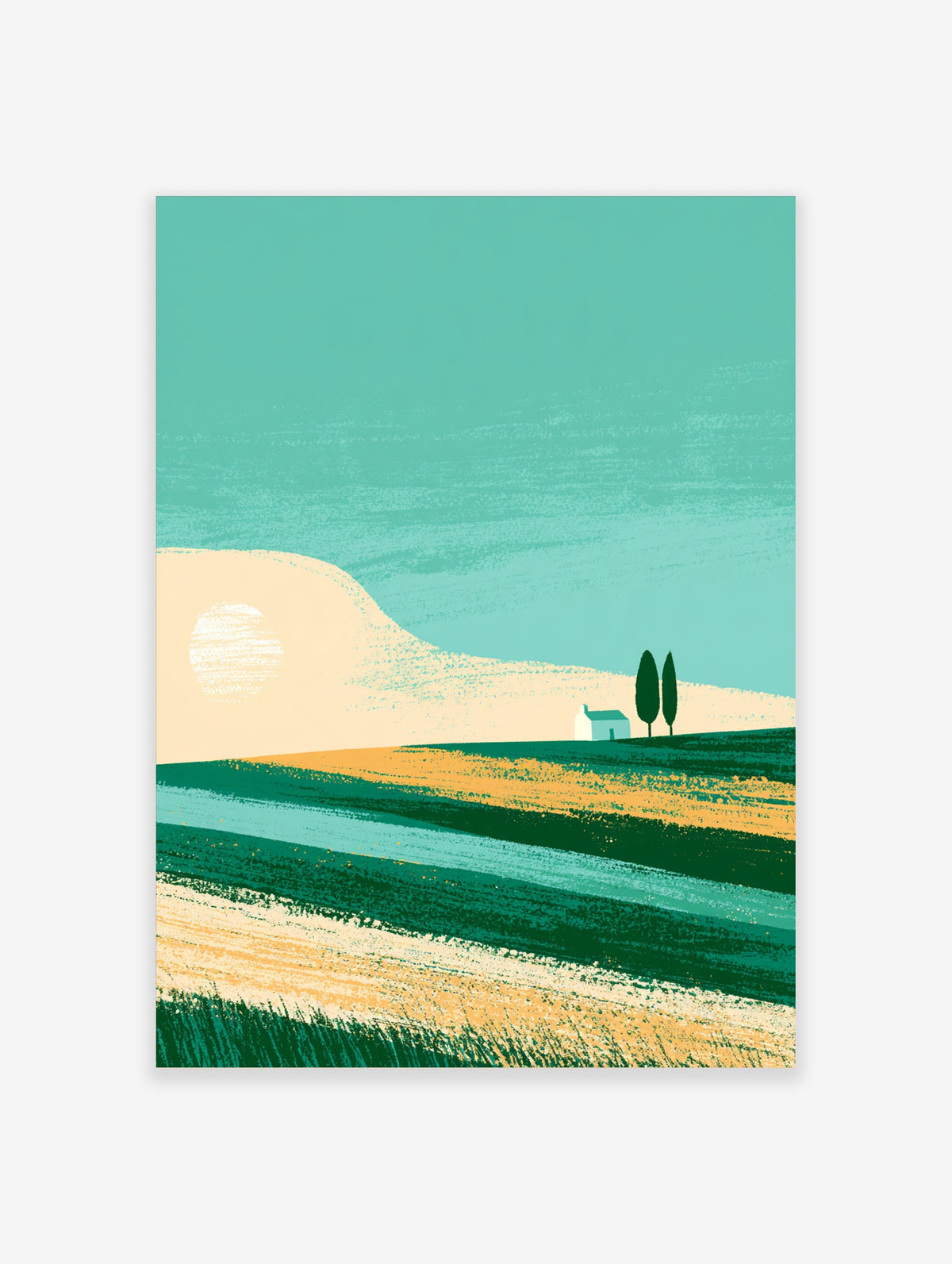 Minimalist landscape art print with teal fields, ochre bands, white sun, small house, and two trees