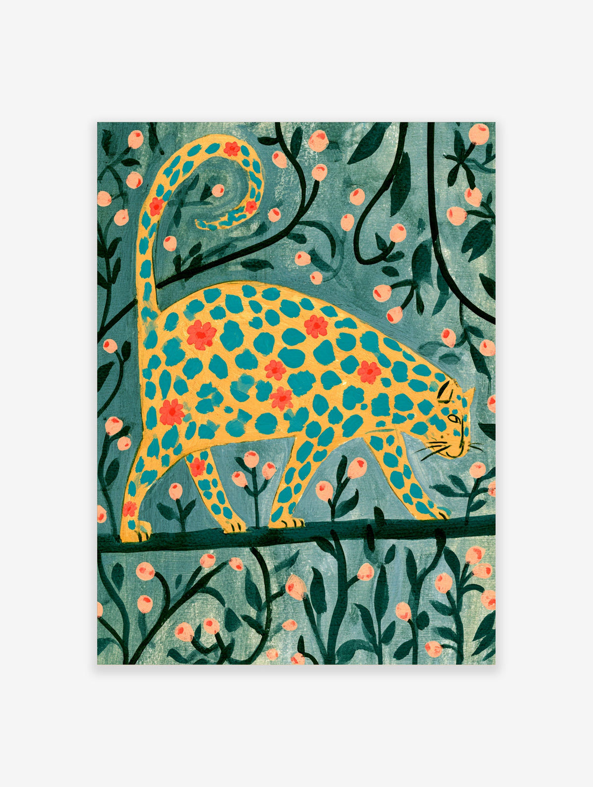 Stylised teal leopard with yellow coat and red flowers on a branch, teal background with pink buds