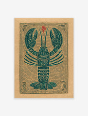 Teal lobster woodcut style art print on a tan background with red symbol and decorative border